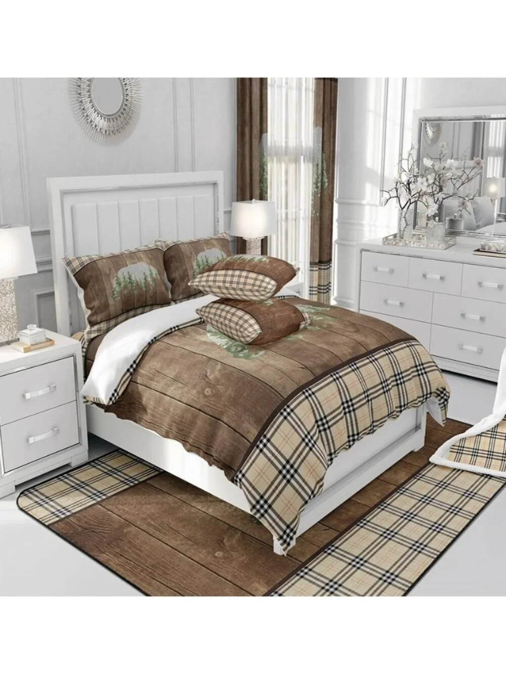 Bear Cabin Comforter Set Vintage Plaid Brown Wooden Stripes Bedding Set for Kids